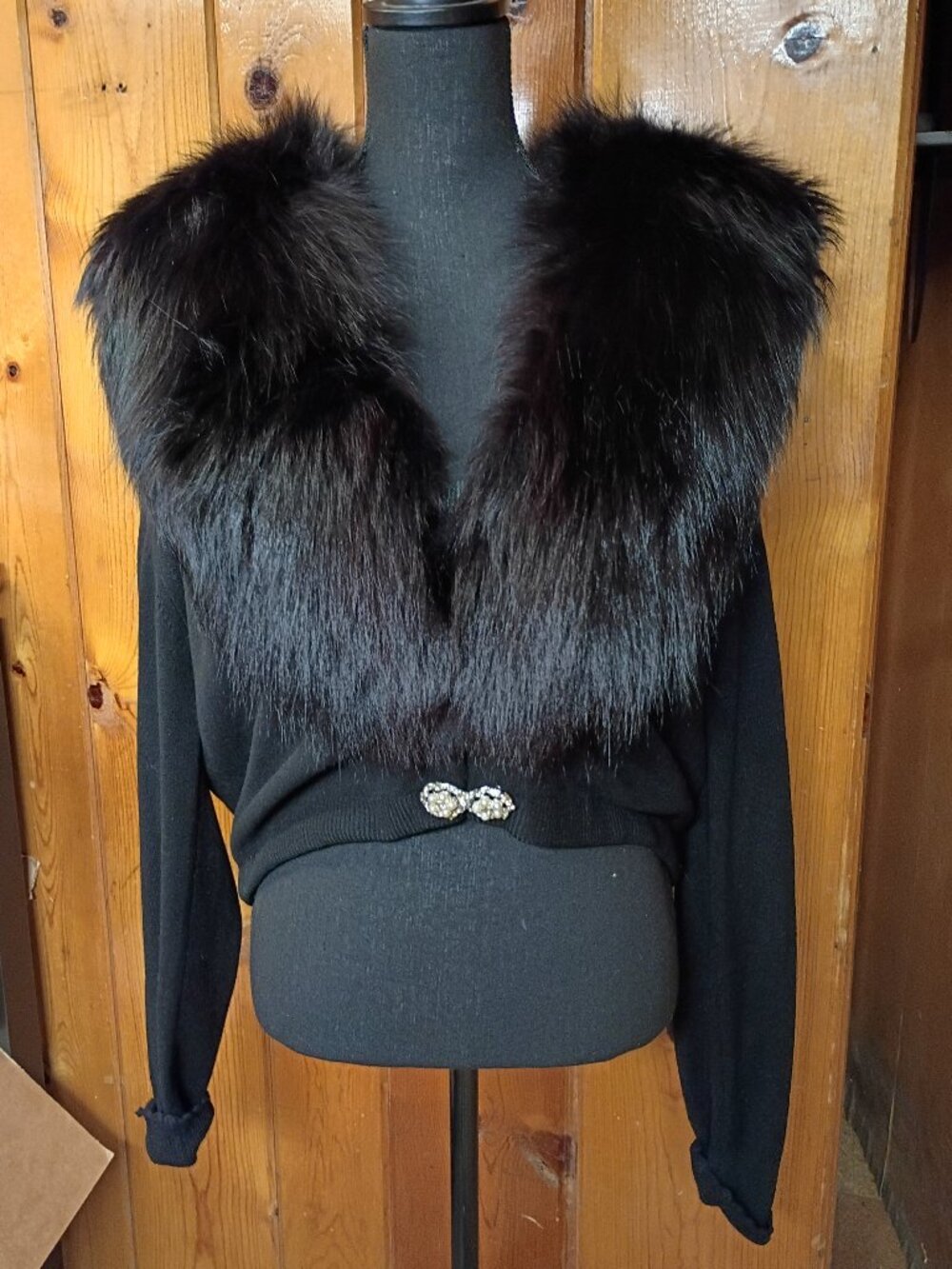 Bernard Altmann Black Wool Cardigan Fur Collar Rhinestone Buttons 50s 60s M/L